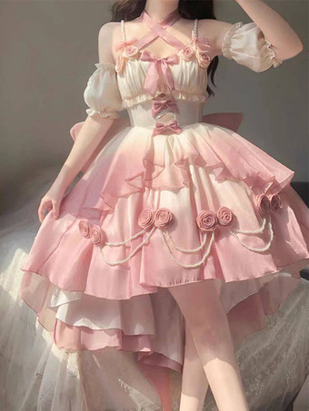 スイートロリータJSKドレス、花柄リボン、ホルターネック、裾フロントカットアウトトレインドレス