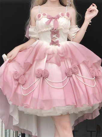 スイートロリータJSKドレス、花柄リボン、ホルターネック、裾フロントカットアウトトレインドレス