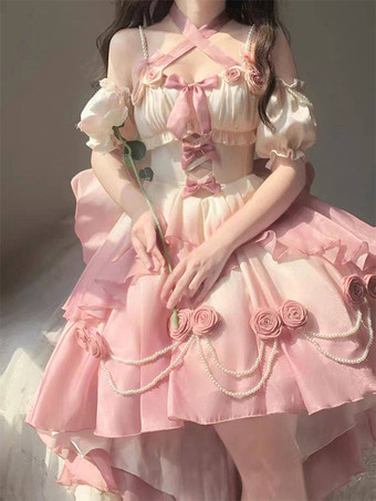 スイートロリータJSKドレス、花柄リボン、ホルターネック、裾フロントカットアウトトレインドレス