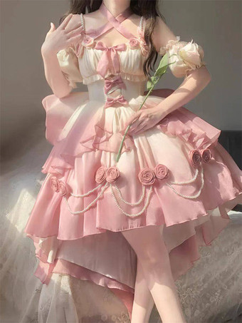 スイートロリータJSKドレス、花柄リボン、ホルターネック、裾フロントカットアウトトレインドレス
