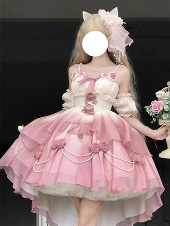 スイートロリータJSKドレス、花柄リボン、ホルターネック、裾フロントカットアウトトレインドレス