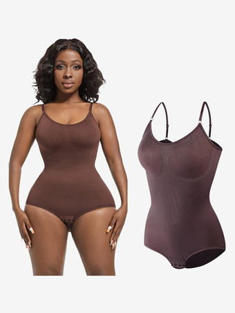 ブラウン ランジェリー シェイプウェア カメオ ピンク ノースリーブ ストラップ ネックボタン 産後 全身シェイパー - シームレス お腹コントロール バストリフト ボディスーツ プラスサイズ ウエストシンチャー