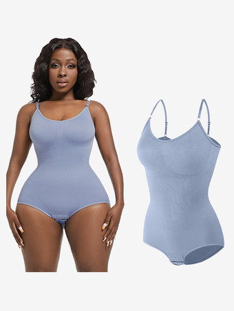 ライトスカイブルーランジェリー シェイプウェア カメオ ピンク ノースリーブ ストラップ ネックボタン 産後 全身シェイパー - シームレス お腹コントロール バストリフト ボディスーツ プラスサイズ ウエストシンチャー