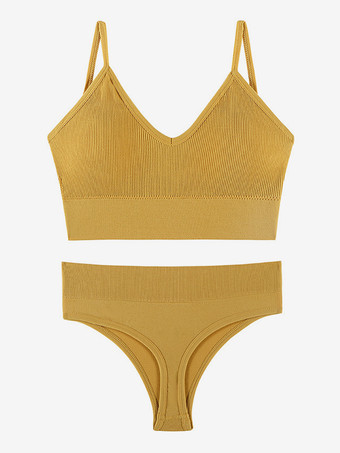 イエロー花嫁下着 ランジェリー 2ピース ブラレットセット プラスサイズ 薄型 ワイヤレス スポーツブラ プッシュアップ効果 フレンチトライアングルブラ パンティセット