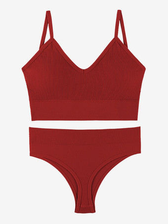 ワインレッド 花嫁下着 ランジェリー 2ピース ブラレットセット プラスサイズ 薄型 ワイヤレス スポーツブラ プッシュアップ効果 フレンチトライアングルブラ パンティセット