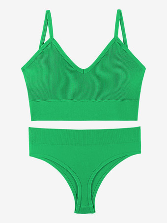 グラスグリーン花嫁下着 ランジェリー 2ピース ブラレットセット プラスサイズ 薄型 ワイヤレス スポーツブラ プッシュアップ効果 フレンチトライアングルブラ パンティセット