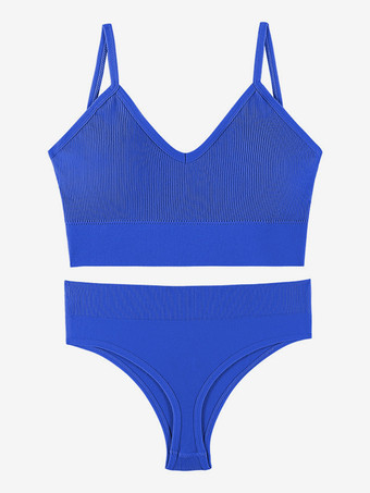 ロイヤルブルー花嫁下着 ランジェリー 2ピース ブラレットセット プラスサイズ 薄型 ワイヤレス スポーツブラ プッシュアップ効果 フレンチトライアングルブラ パンティセット