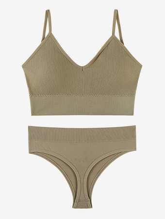 カーキ 花嫁下着 ランジェリー 2ピース ブラレットセット プラスサイズ 薄型 ワイヤレス スポーツブラ プッシュアップ効果 フレンチトライアングルブラ パンティセット