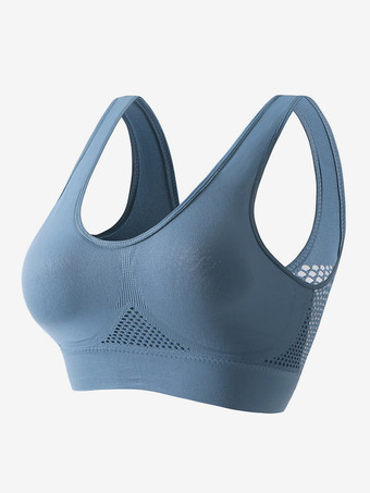 ブルー オープンバックヨガブラ 薄手 パッドなし ワイヤレス リフティングフィット プラスサイズ セクシー メッシュ ワークアウト クロップトップ