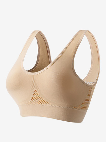 肌色オープンバックヨガブラ 薄手 パッドなし ワイヤレス リフティングフィット プラスサイズ セクシー メッシュ ワークアウト クロップトップ