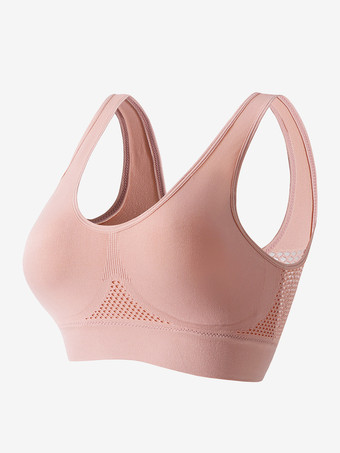ピンクオープンバックヨガブラ 薄手 パッドなし ワイヤレス リフティングフィット プラスサイズ セクシー メッシュ ワークアウト クロップトップ