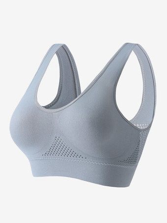 グレイオープンバックヨガブラ 薄手 パッドなし ワイヤレス リフティングフィット プラスサイズ セクシー メッシュ ワークアウト クロップトップ