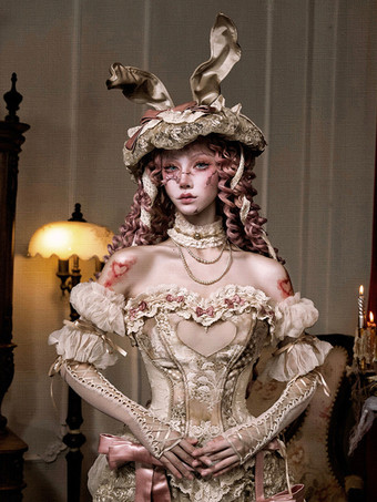 ロリータコルセット ホワイトレース ロココ ハートコルセット トップ フレンチスタイル ボーン入りビスチェ レースアップバック