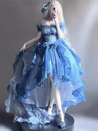 dark blue fairy dress Blue Fairy Off the Shoulder Lace Short Homecoming Dresses main image 0