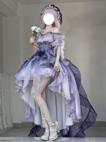 Abito Lolita Fata Azzurra Abito Alto Basso con Fiocchi Dolci Abito Lolita con Volant e Spalle Scoperte