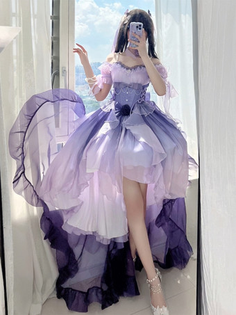 Abito Lolita Fata Azzurra Abito Alto Basso con Fiocchi Dolci Abito Lolita con Volant e Spalle Scoperte