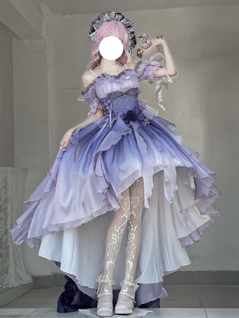 Abito Lolita Fata Azzurra Abito Alto Basso con Fiocchi Dolci Abito Lolita con Volant e Spalle Scoperte