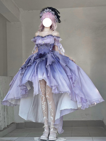 Viola Abito Lolita Fata Azzurra Abito Alto Basso con Fiocchi Dolci Abito Lolita con Volant e Spalle Scoperte