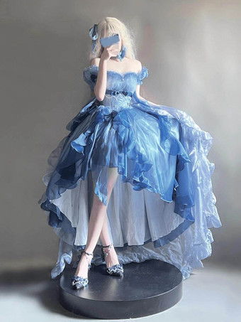 Abito Lolita Fata Azzurra Abito Alto Basso con Fiocchi Dolci Abito Lolita con Volant e Spalle Scoperte