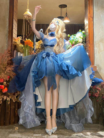 Abito Lolita Fata Azzurra Abito Alto Basso con Fiocchi Dolci Abito Lolita con Volant e Spalle Scoperte