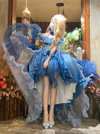 Abito Lolita Fata Azzurra Abito Alto Basso con Fiocchi Dolci Abito Lolita con Volant e Spalle Scoperte