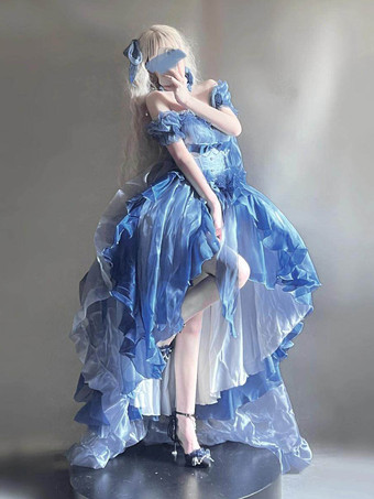 Abito Lolita Fata Azzurra Abito Alto Basso con Fiocchi Dolci Abito Lolita con Volant e Spalle Scoperte