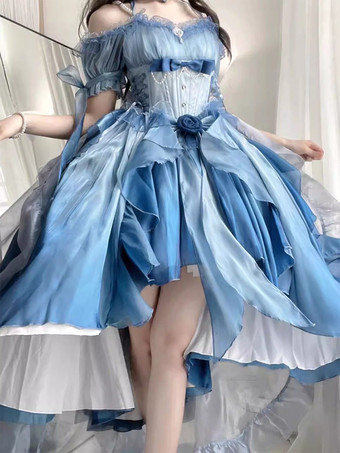 Abito Lolita Fata Azzurra Abito Alto Basso con Fiocchi Dolci Abito Lolita con Volant e Spalle Scoperte