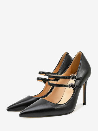 ブラック ブラックのメリージェーンシューズ、ポインテッドトゥ、スティレットヒールパンプス