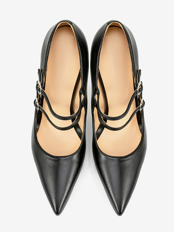 ブラックのメリージェーンシューズ、ポインテッドトゥ、スティレットヒールパンプス