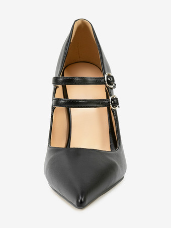 ブラックのメリージェーンシューズ、ポインテッドトゥ、スティレットヒールパンプス