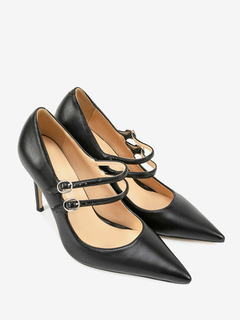 ブラックのメリージェーンシューズ、ポインテッドトゥ、スティレットヒールパンプス