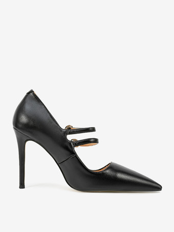 ブラックのメリージェーンシューズ、ポインテッドトゥ、スティレットヒールパンプス