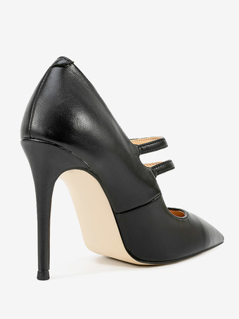 ブラックのメリージェーンシューズ、ポインテッドトゥ、スティレットヒールパンプス