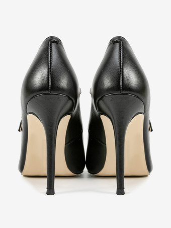 ブラックのメリージェーンシューズ、ポインテッドトゥ、スティレットヒールパンプス