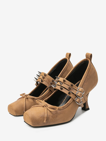 ブラウンスエードハイヒール、リベットスクエアトゥハイヒール、メリージェーンシューズ