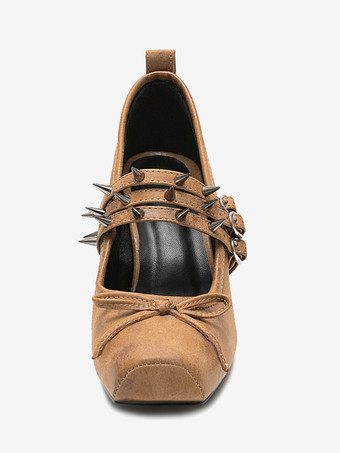 スエードハイヒール、リベットスクエアトゥハイヒール、メリージェーンシューズ