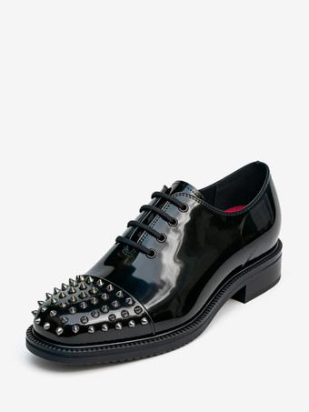 ブラック メンズ用ブラックドレスシューズ ラウンドトゥ スタッズ レースアップ プロムシューズ