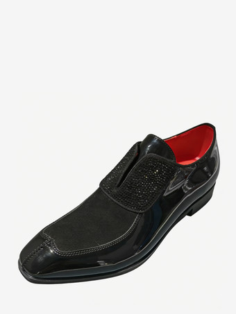 ブラック メンズドレスシューズ スクエアトゥ スリッポン プロム ウェディングシューズ