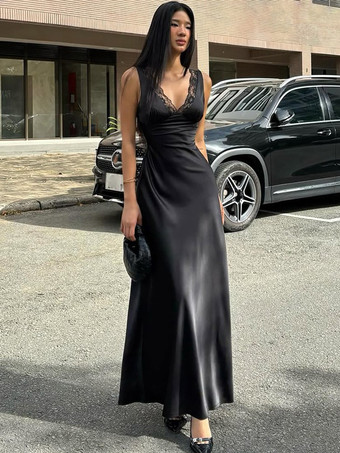 レディース ブラック Vネック レーストリム スリップ マキシドレス 2026