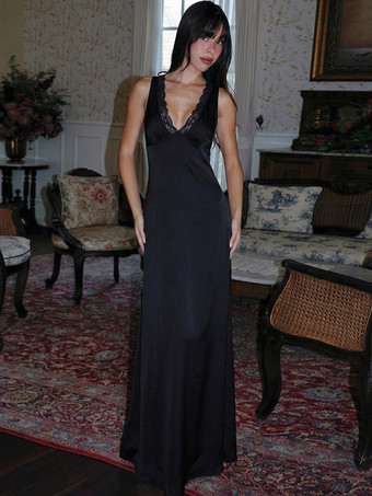 レディース ブラック Vネック レーストリム スリップ マキシドレス 2026