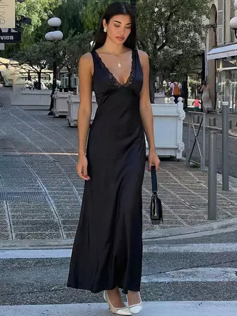 Black V Neck Lace Trim Slip Maxi Dress For Women 2026 - Milanoo.com