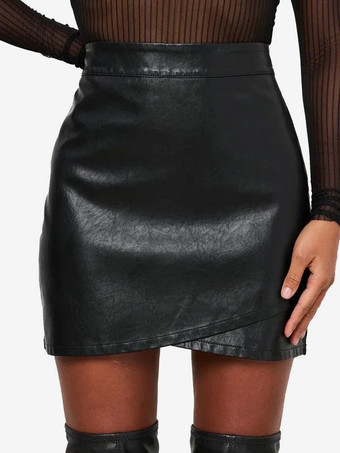 アシンメトリーラップヘムハイウエストフェイクレザーミニスカート（レディース）2026