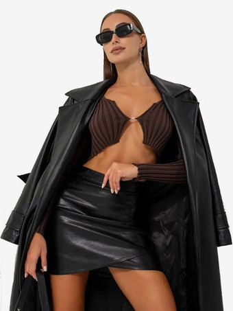 アシンメトリーラップヘムハイウエストフェイクレザーミニスカート（レディース）2026