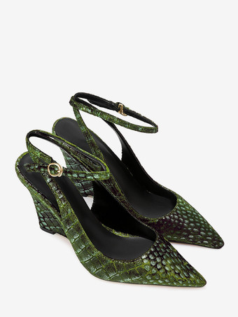 Pueple スエードウェッジ レディース ポインテッドトゥ ストーンパターン スリングバックパンプス