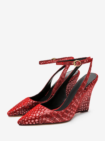 レッド Pueple スエードウェッジ レディース ポインテッドトゥ ストーンパターン スリングバックパンプス