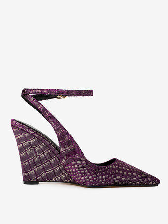 Pueple スエードウェッジ レディース ポインテッドトゥ ストーンパターン スリングバックパンプス