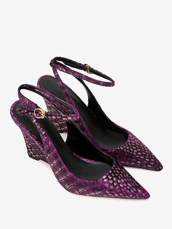 Pueple スエードウェッジ レディース ポインテッドトゥ ストーンパターン スリングバックパンプス