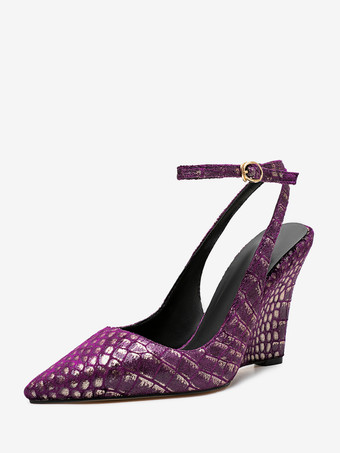 Pueple スエードウェッジ レディース ポインテッドトゥ ストーンパターン スリングバックパンプス