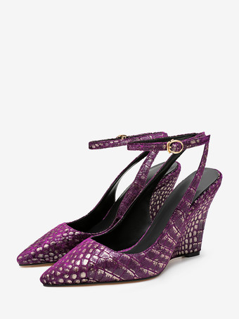 パープル Pueple スエードウェッジ レディース ポインテッドトゥ ストーンパターン スリングバックパンプス