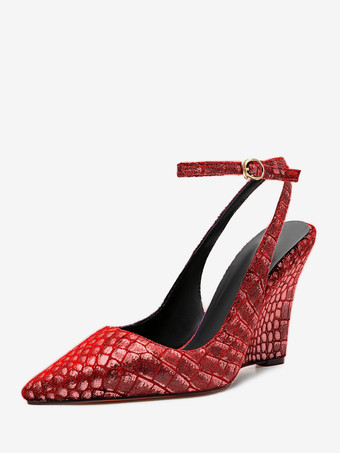 Pueple スエードウェッジ レディース ポインテッドトゥ ストーンパターン スリングバックパンプス